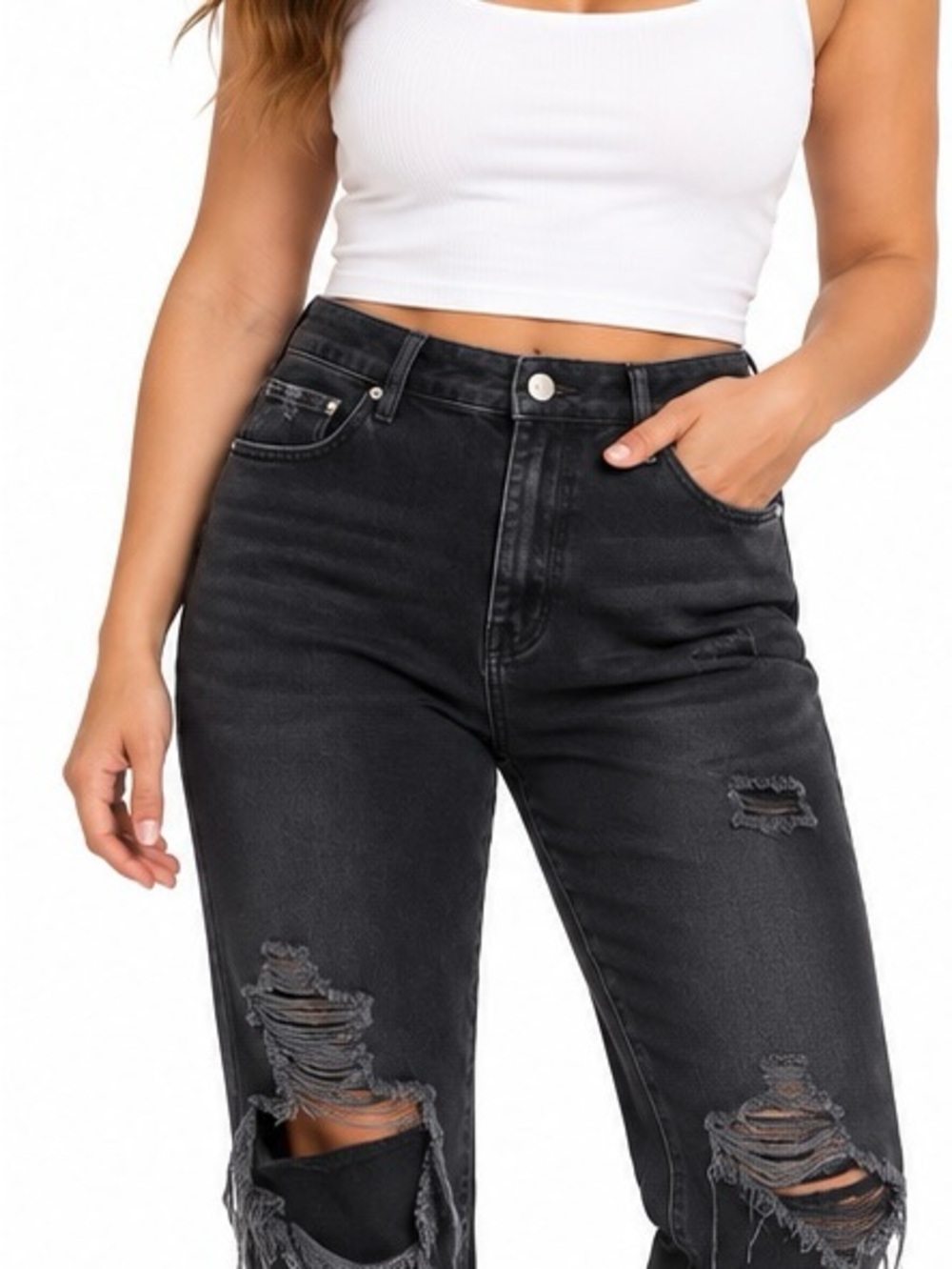 PacSun Mom Jeans Size 26 Black High Rise Distressed Ripped Raw Hem